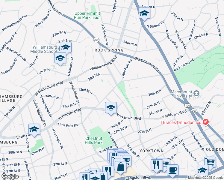 map of restaurants, bars, coffee shops, grocery stores, and more near 5101 Little Falls Court in Arlington