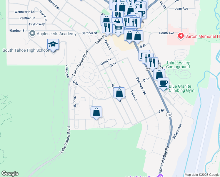 map of restaurants, bars, coffee shops, grocery stores, and more near 1081 Julie Lane in South Lake Tahoe