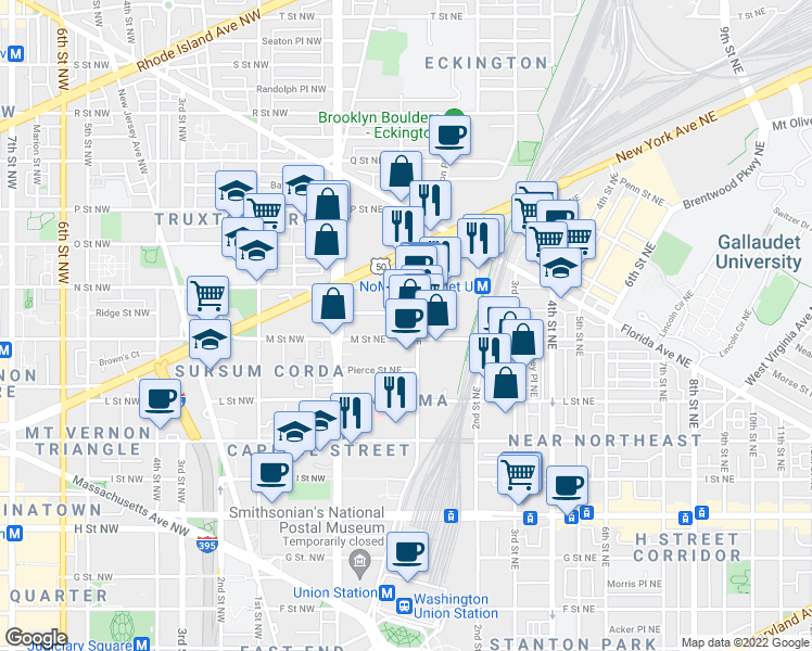 map of restaurants, bars, coffee shops, grocery stores, and more near 1200 First Street Northeast in Washington