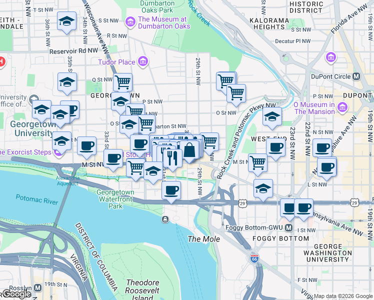 map of restaurants, bars, coffee shops, grocery stores, and more near 30th St NW & Olive St NW in Washington