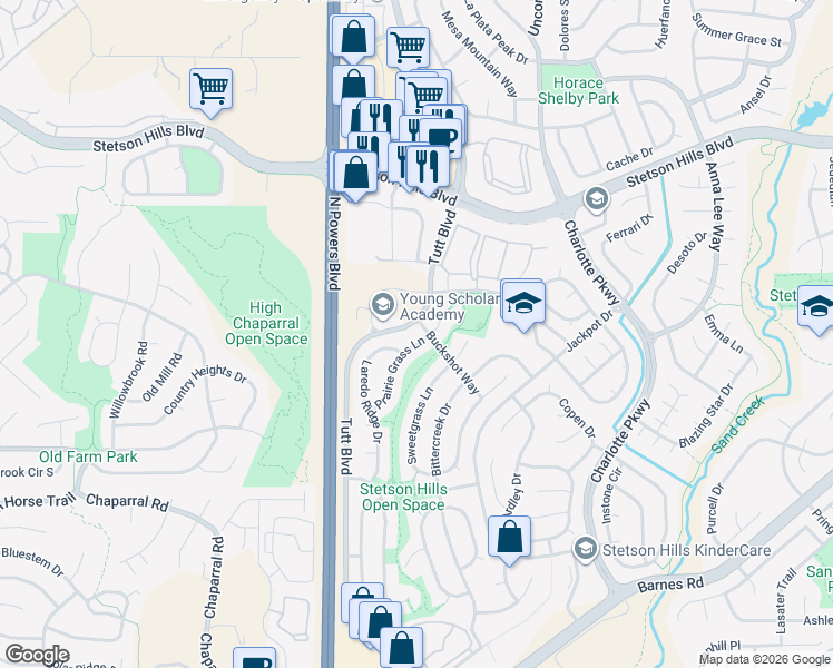 map of restaurants, bars, coffee shops, grocery stores, and more near 5135 Prairie Grass Lane in Colorado Springs