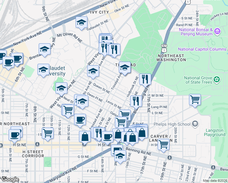 map of restaurants, bars, coffee shops, grocery stores, and more near 101 Independence Avenue Southeast in Washington
