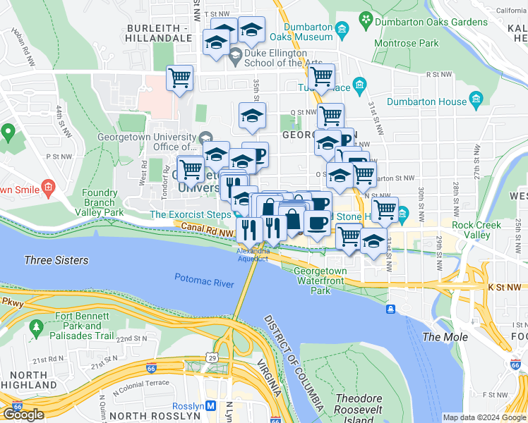 map of restaurants, bars, coffee shops, grocery stores, and more near 3425 Prospect Street Northwest in Washington