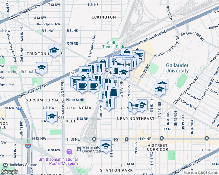map of restaurants, bars, coffee shops, grocery stores, and more near 1220 3rd Street Northeast in Washington