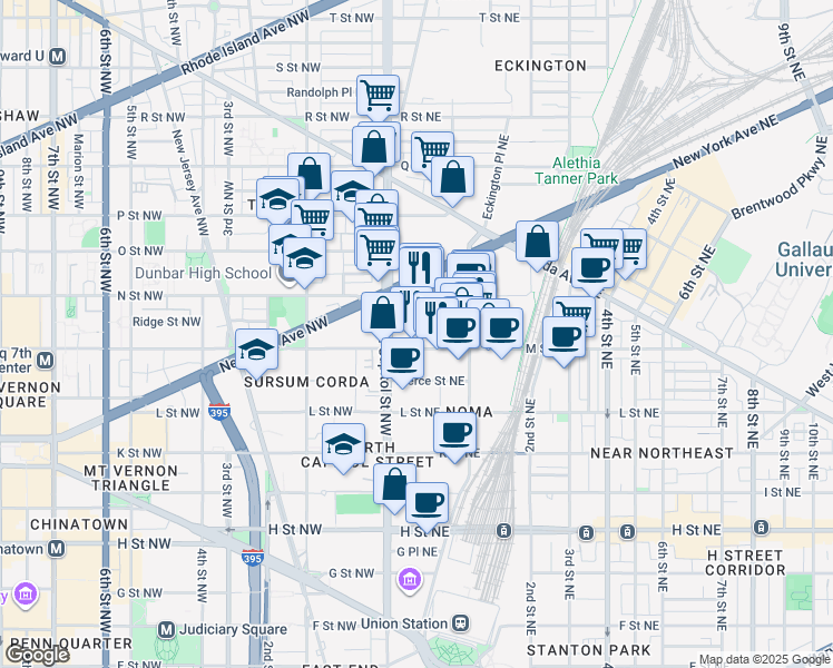 map of restaurants, bars, coffee shops, grocery stores, and more near 22 M Street Northeast in Washington