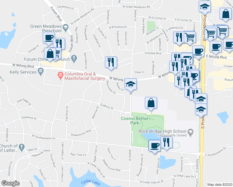 map of restaurants, bars, coffee shops, grocery stores, and more near 4120 Baurichter Drive in Columbia