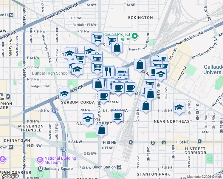 map of restaurants, bars, coffee shops, grocery stores, and more near 44 M Street Northeast in Washington