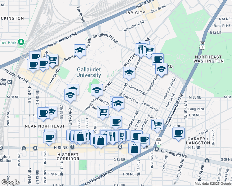 map of restaurants, bars, coffee shops, grocery stores, and more near 1145 Owen Place Northeast in Washington