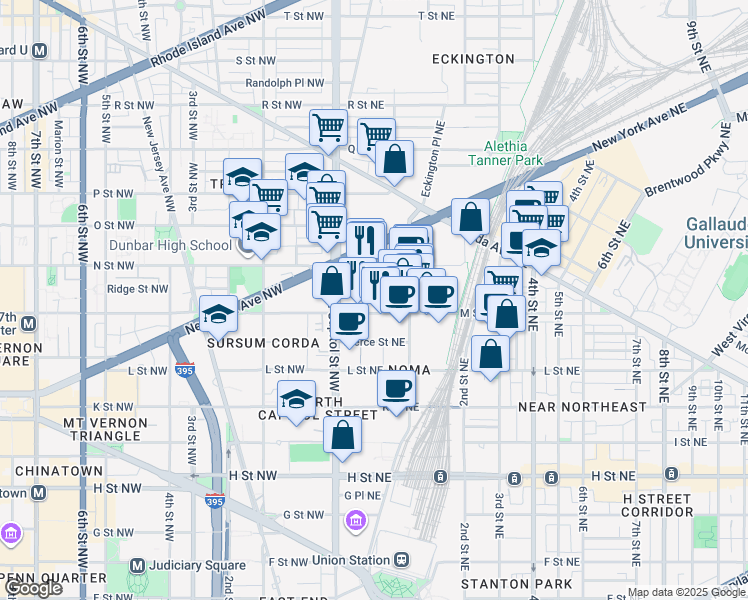 map of restaurants, bars, coffee shops, grocery stores, and more near 44 M Street Northeast in Washington