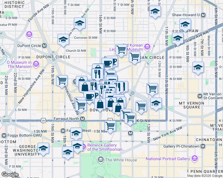 map of restaurants, bars, coffee shops, grocery stores, and more near 1501 M Street Northwest in Washington