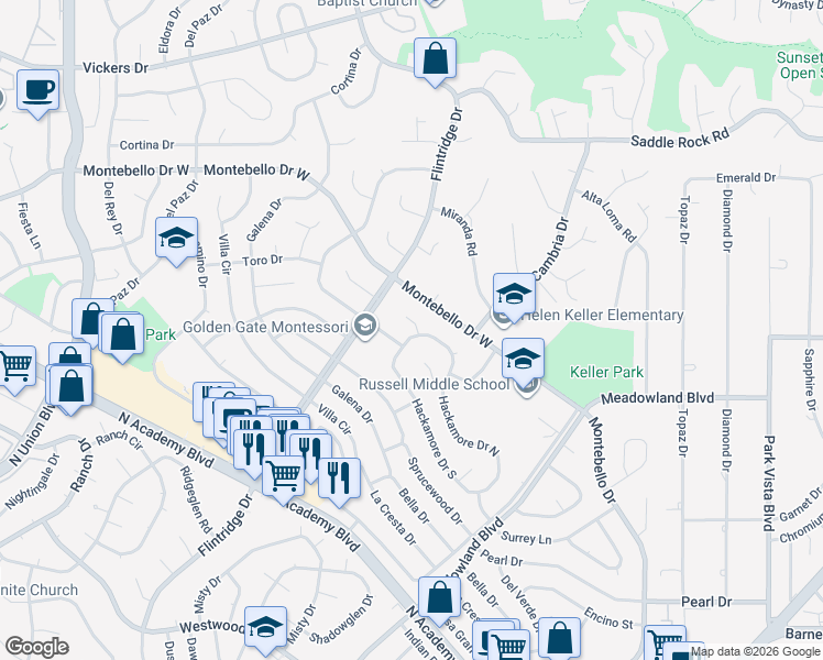 map of restaurants, bars, coffee shops, grocery stores, and more near 5025 Hackamore Court in Colorado Springs