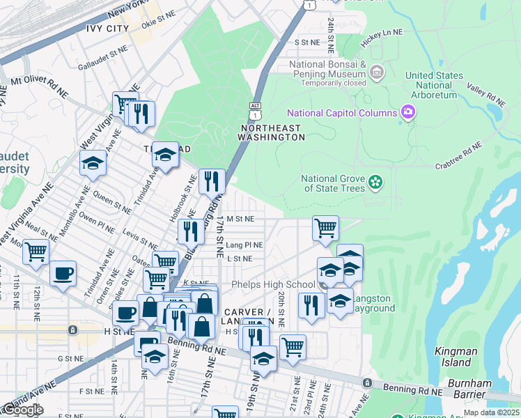 map of restaurants, bars, coffee shops, grocery stores, and more near 101 Independence Avenue Southeast in Washington