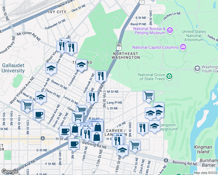map of restaurants, bars, coffee shops, grocery stores, and more near 101 Independence Avenue Southeast in Washington