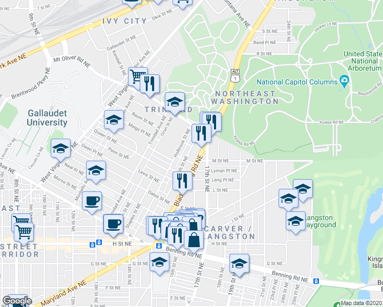 map of restaurants, bars, coffee shops, grocery stores, and more near 101 Independence Avenue Southeast in Washington