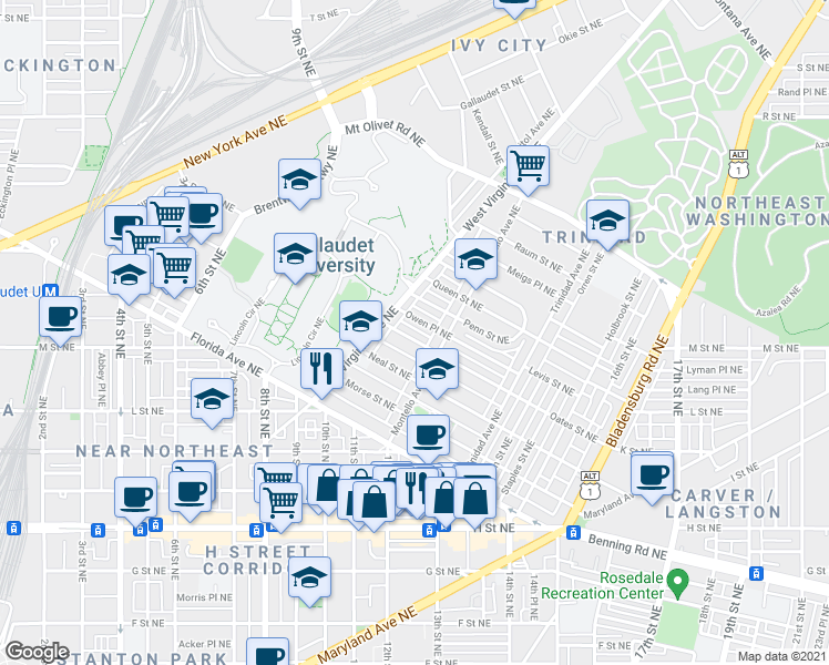 map of restaurants, bars, coffee shops, grocery stores, and more near 1159 Oates Street Northeast in Washington