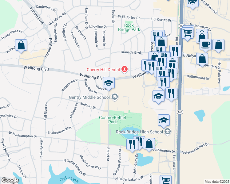 map of restaurants, bars, coffee shops, grocery stores, and more near 4200 Bethel Street in Columbia