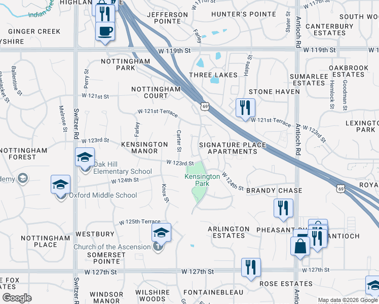 map of restaurants, bars, coffee shops, grocery stores, and more near 9513 West 122nd Terrace in Overland Park