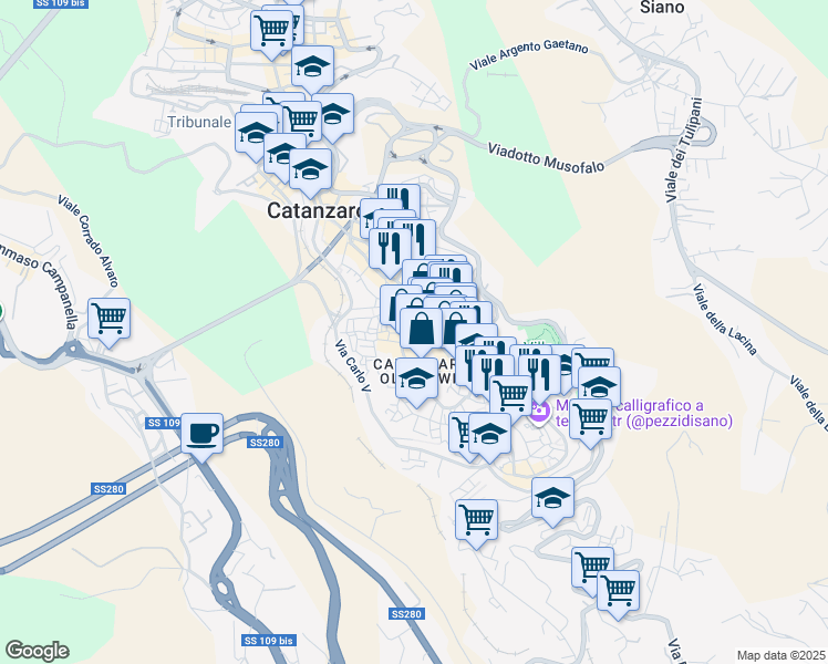 map of restaurants, bars, coffee shops, grocery stores, and more near 7-9 Via Educandato in Catanzaro