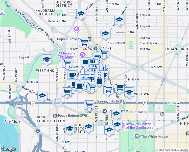 map of restaurants, bars, coffee shops, grocery stores, and more near 1200 19th Street Northwest in Washington