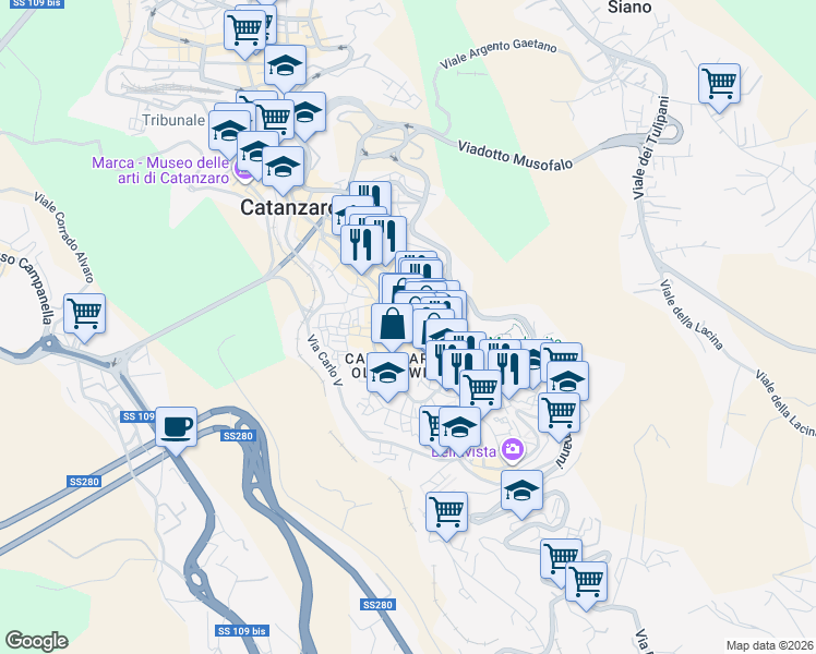 map of restaurants, bars, coffee shops, grocery stores, and more near 151-159 Corso Giuseppe Mazzini in Catanzaro