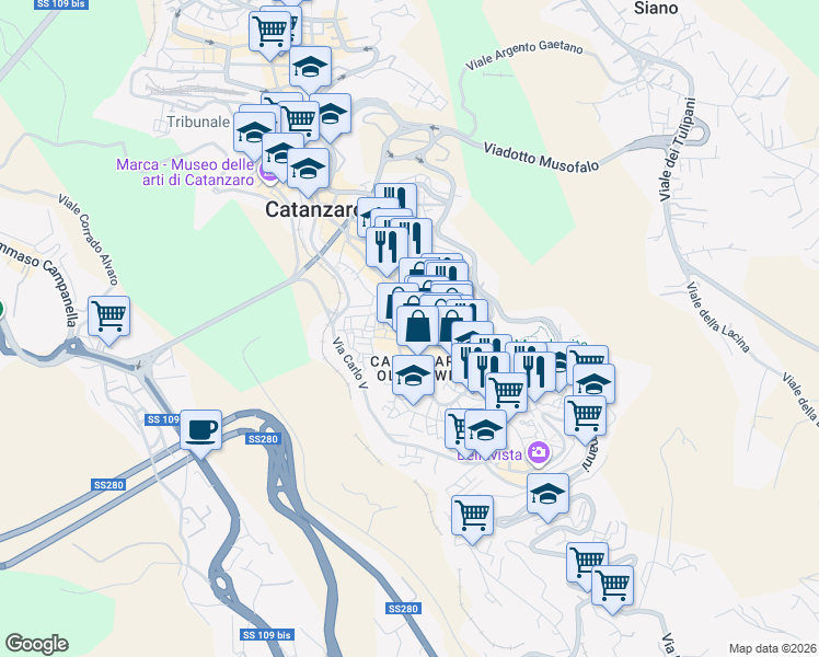 map of restaurants, bars, coffee shops, grocery stores, and more near 7-9 Via Educandato in Catanzaro