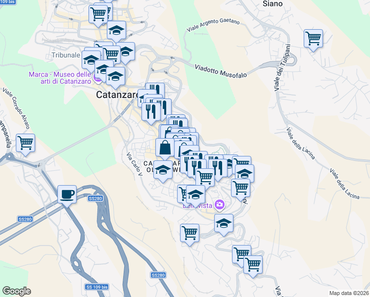 map of restaurants, bars, coffee shops, grocery stores, and more near 151-159 Corso Giuseppe Mazzini in Catanzaro