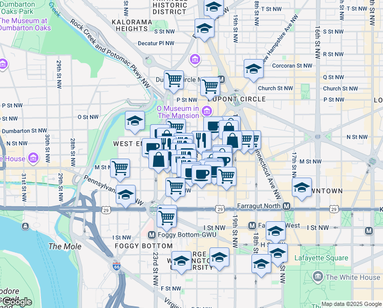 map of restaurants, bars, coffee shops, grocery stores, and more near 1230 New Hampshire Avenue Northwest in Washington