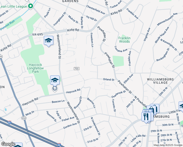 map of restaurants, bars, coffee shops, grocery stores, and more near 6507 Machodoc Court in Falls Church