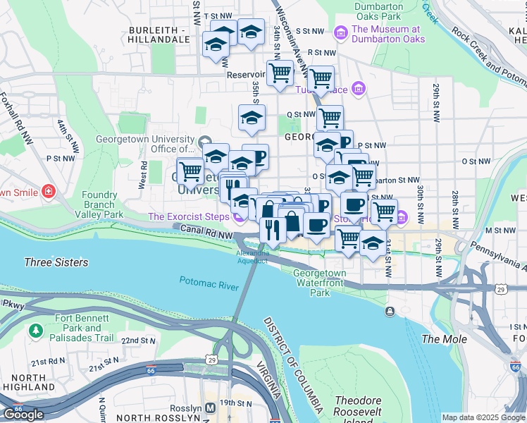 map of restaurants, bars, coffee shops, grocery stores, and more near 3425 Prospect Street Northwest in Washington