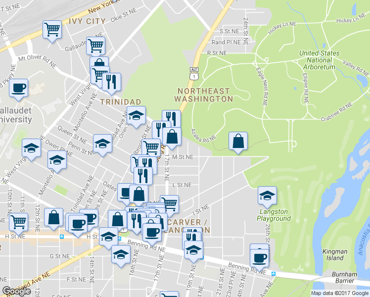 map of restaurants, bars, coffee shops, grocery stores, and more near 1214 18th Place Northeast in Washington