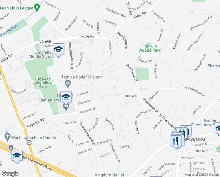 map of restaurants, bars, coffee shops, grocery stores, and more near 6507 Machodoc Court in Falls Church