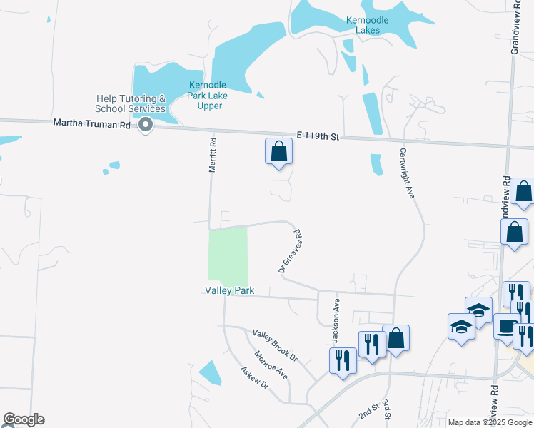 map of restaurants, bars, coffee shops, grocery stores, and more near 3900 Doctor Greaves Road in Grandview