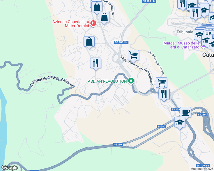 map of restaurants, bars, coffee shops, grocery stores, and more near 4 Viale Barlaam da Seminara in Catanzaro