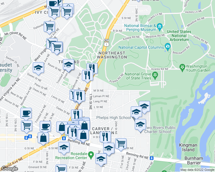 map of restaurants, bars, coffee shops, grocery stores, and more near 1214 19th Street Northeast in Washington