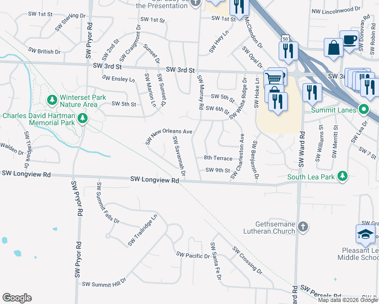 map of restaurants, bars, coffee shops, grocery stores, and more near 805 Southwest Savannah Drive in Lee's Summit