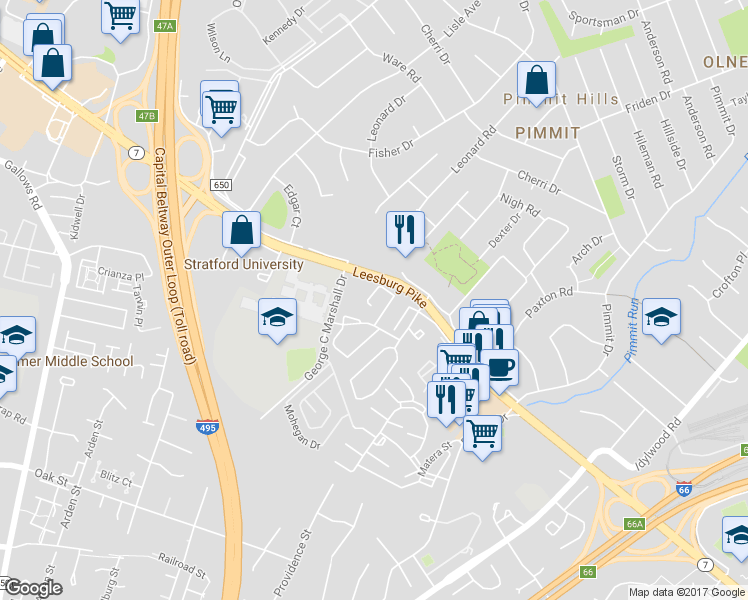 map of restaurants, bars, coffee shops, grocery stores, and more near 2086 Hutchison Grove Court in Falls Church