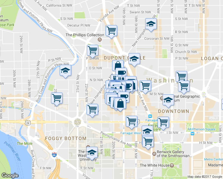 map of restaurants, bars, coffee shops, grocery stores, and more near 2001 M Street Northwest in Washington