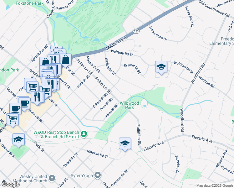 map of restaurants, bars, coffee shops, grocery stores, and more near 505 Mashie Drive Southeast in Vienna