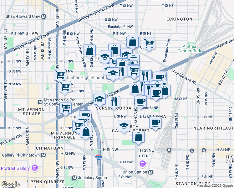 map of restaurants, bars, coffee shops, grocery stores, and more near 76 New York Avenue Northwest in Washington
