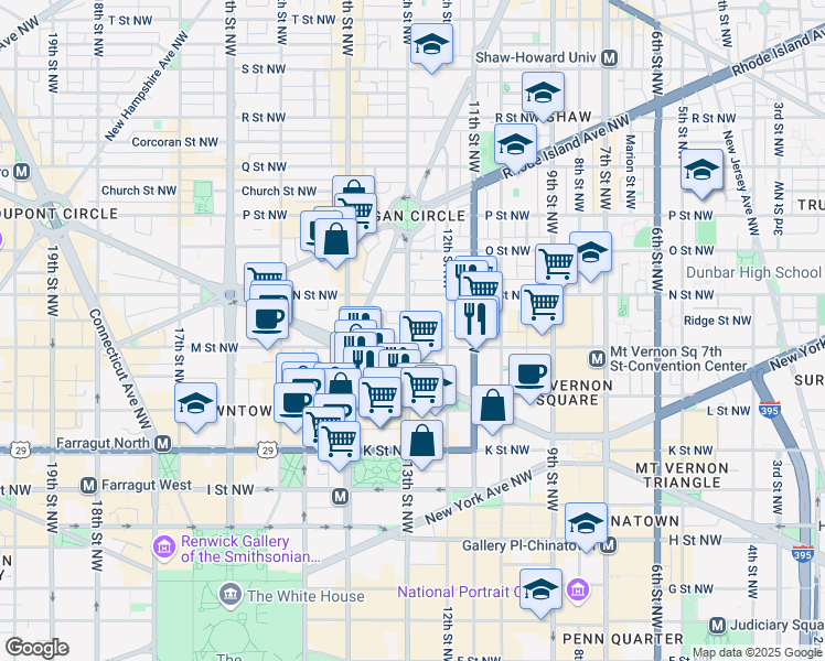 map of restaurants, bars, coffee shops, grocery stores, and more near 1225 13th Street Northwest in Washington