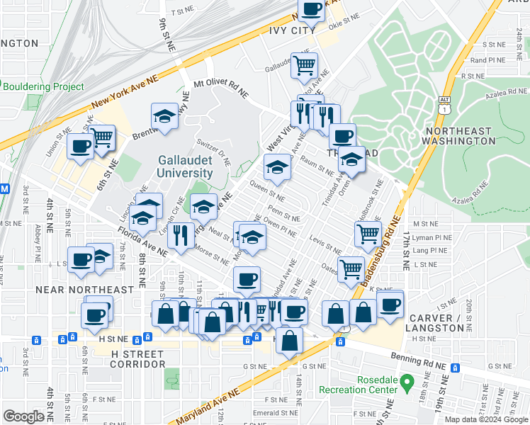 map of restaurants, bars, coffee shops, grocery stores, and more near 1429 Montello Avenue Northeast in Washington