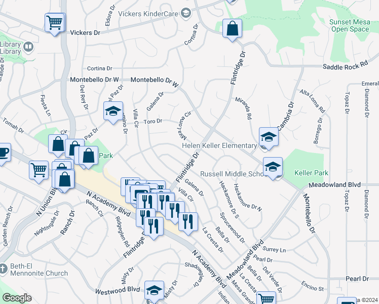 map of restaurants, bars, coffee shops, grocery stores, and more near 3370 El Canto Drive in Colorado Springs