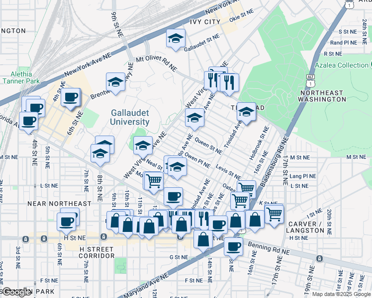 map of restaurants, bars, coffee shops, grocery stores, and more near 1429 Montello Avenue Northeast in Washington