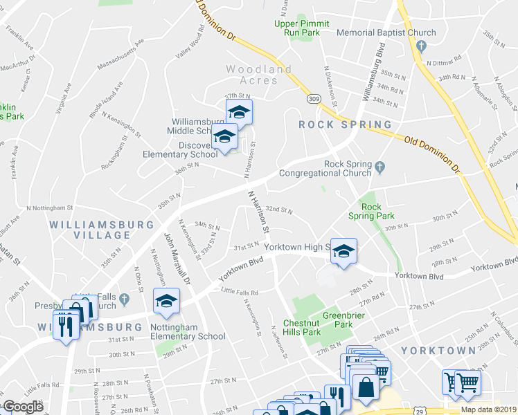 map of restaurants, bars, coffee shops, grocery stores, and more near N Harrison St & 32nd St N in Arlington
