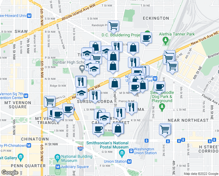 map of restaurants, bars, coffee shops, grocery stores, and more near 101 Independence Avenue Southeast in Washington