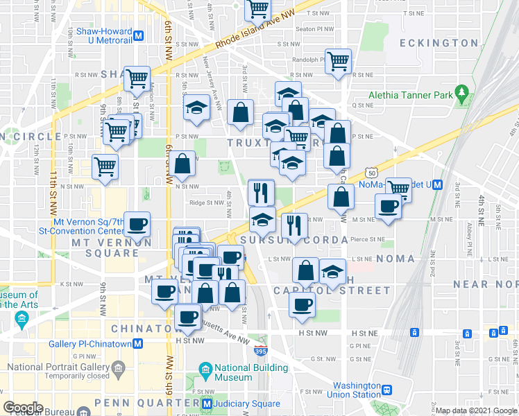 map of restaurants, bars, coffee shops, grocery stores, and more near 101 Independence Avenue Southeast in Washington