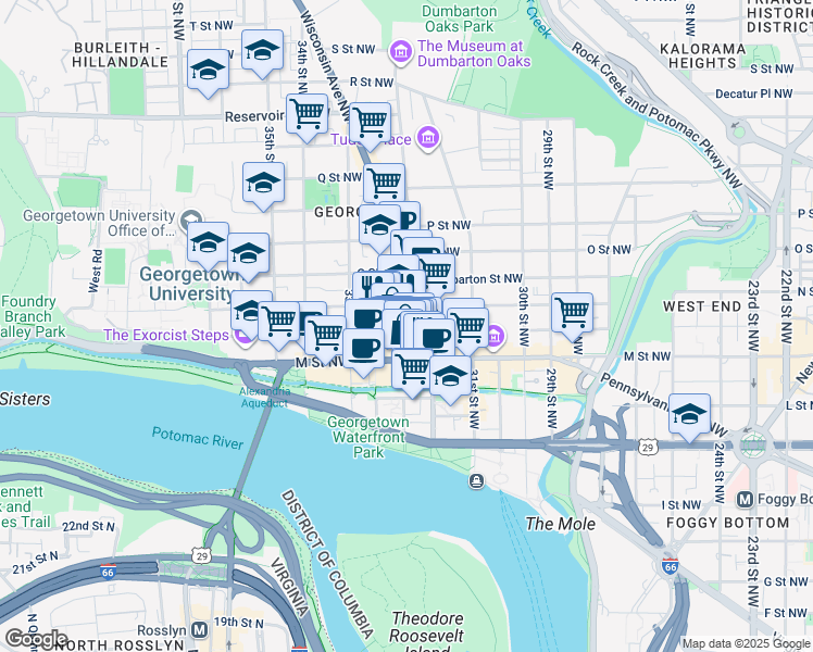 map of restaurants, bars, coffee shops, grocery stores, and more near 3251 Prospect Street Northwest in Washington