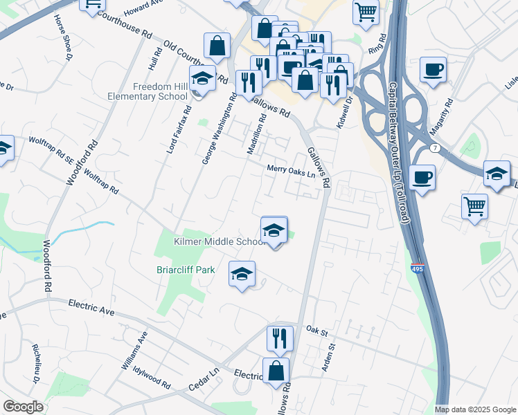 map of restaurants, bars, coffee shops, grocery stores, and more near 2027 Madrillon Creek Court in Vienna