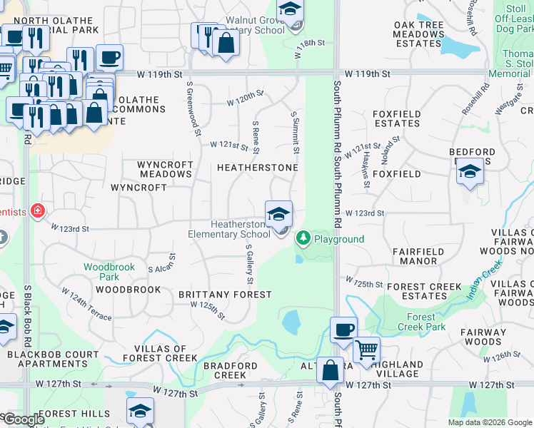 map of restaurants, bars, coffee shops, grocery stores, and more near 13745 West 123rd Street in Olathe