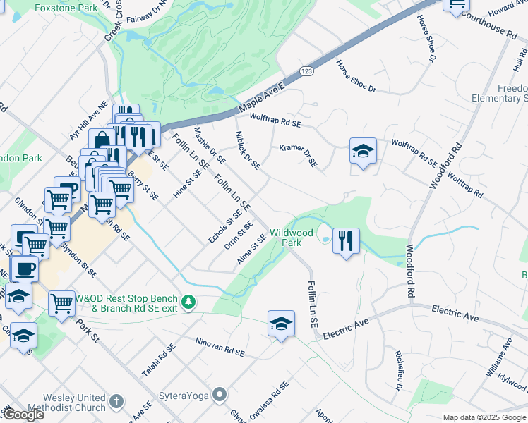 map of restaurants, bars, coffee shops, grocery stores, and more near 505 Mashie Drive Southeast in Vienna